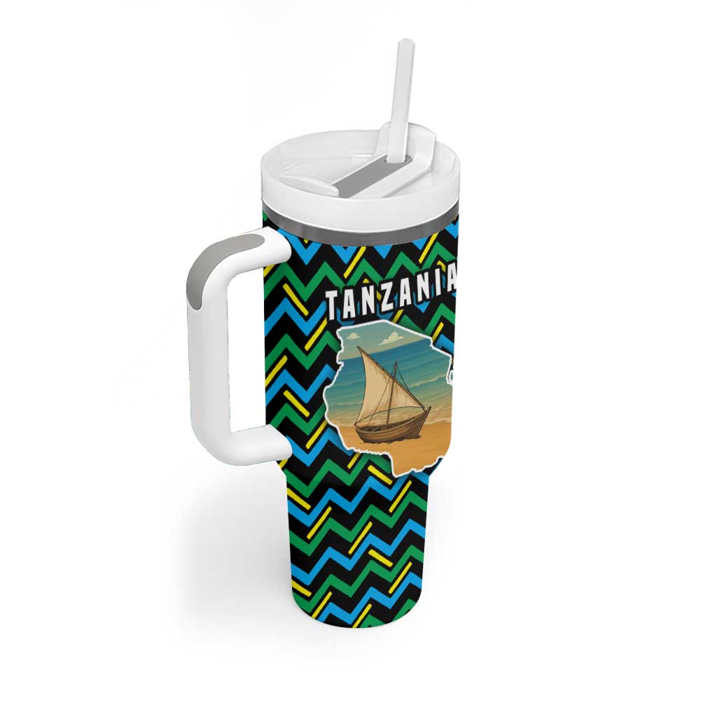 Tanzania Coastal Life Tumbler With Handle - Swahili Dhow Boat and Tribal Pattern