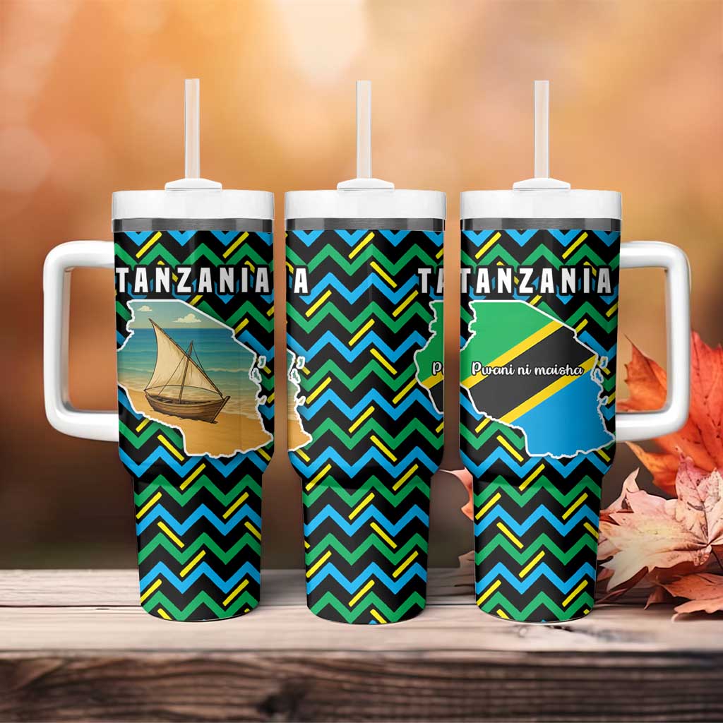 Tanzania Coastal Life Tumbler With Handle - Swahili Dhow Boat and Tribal Pattern