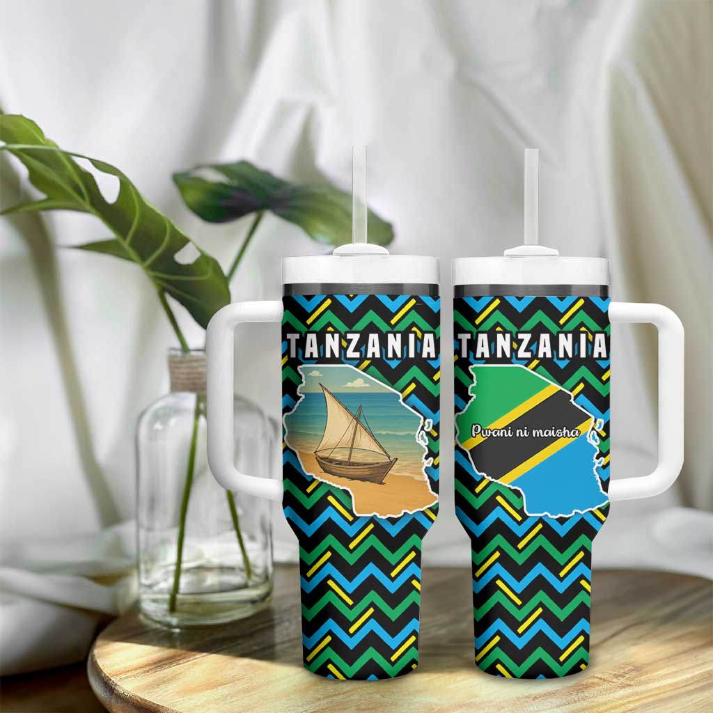 Tanzania Coastal Life Tumbler With Handle - Swahili Dhow Boat and Tribal Pattern