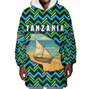 Tanzania Coastal Life Wearable Blanket Hoodie - Swahili Dhow Boat and Tribal Pattern