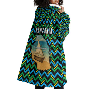 Tanzania Coastal Life Wearable Blanket Hoodie - Swahili Dhow Boat and Tribal Pattern