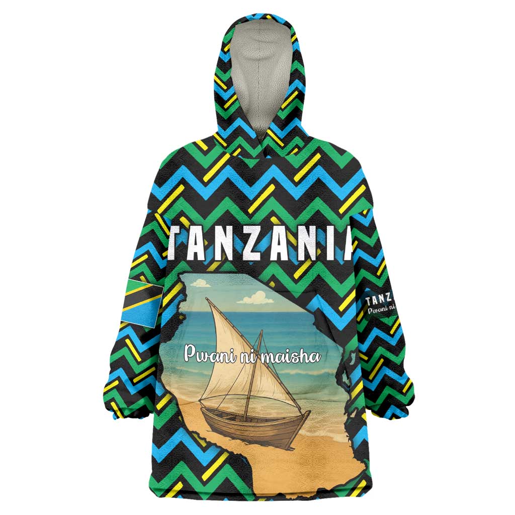 Tanzania Coastal Life Wearable Blanket Hoodie - Swahili Dhow Boat and Tribal Pattern