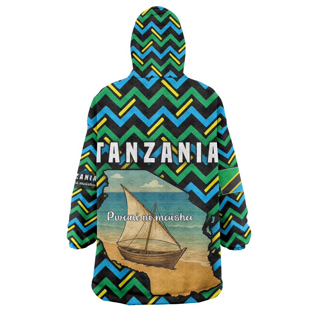 Tanzania Coastal Life Wearable Blanket Hoodie - Swahili Dhow Boat and Tribal Pattern