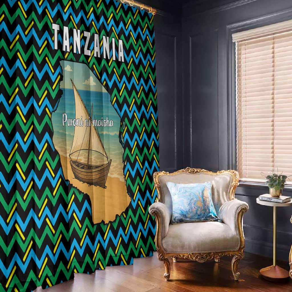 Tanzania Coastal Life Window Curtain - Swahili Dhow Boat and Tribal Pattern