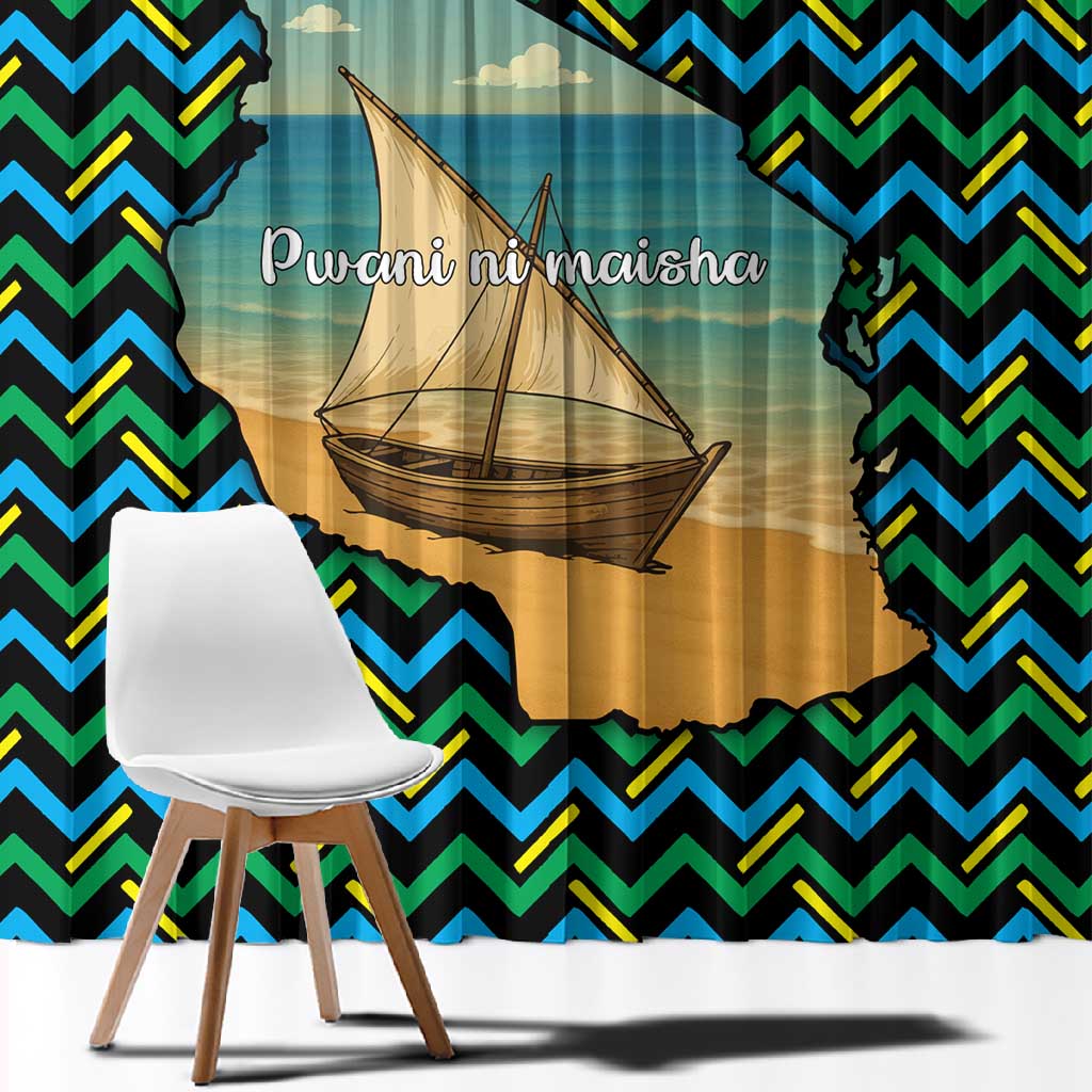 Tanzania Coastal Life Window Curtain - Swahili Dhow Boat and Tribal Pattern