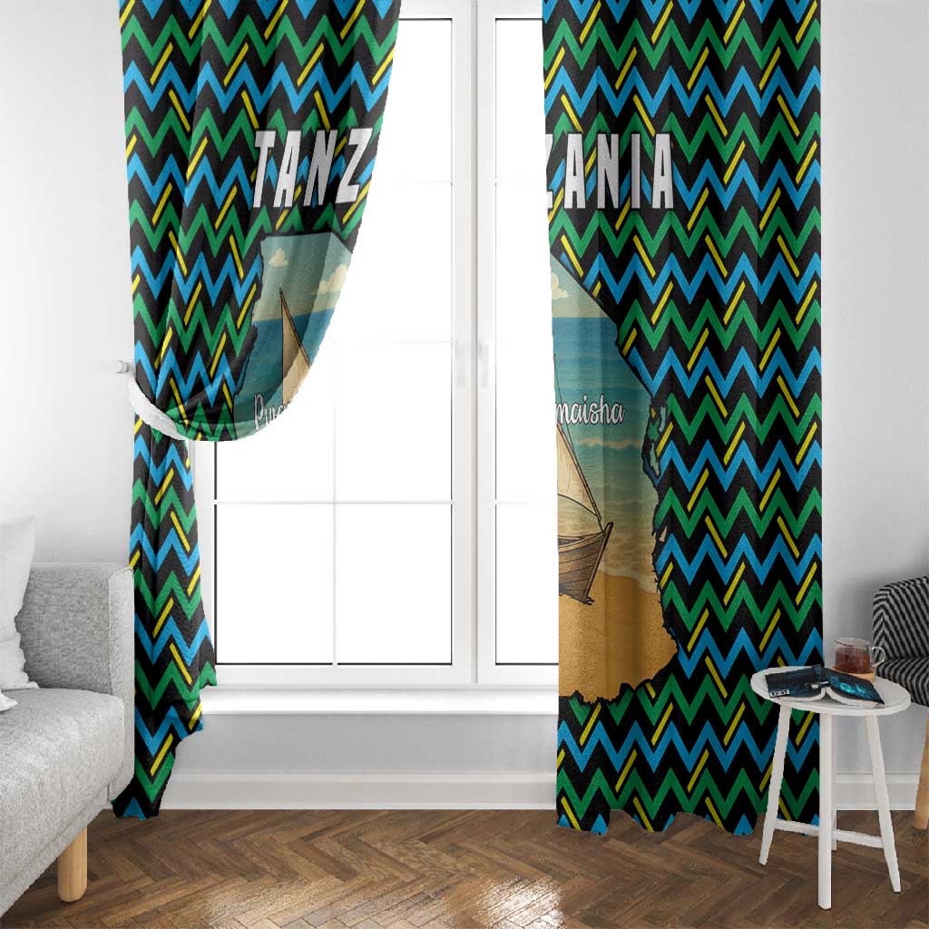 Tanzania Coastal Life Window Curtain - Swahili Dhow Boat and Tribal Pattern