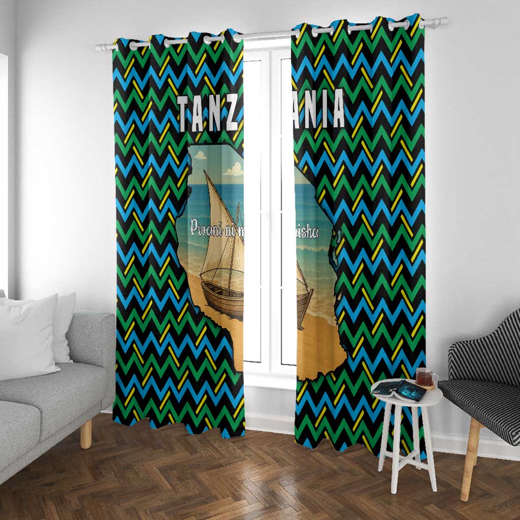 Tanzania Coastal Life Window Curtain - Swahili Dhow Boat and Tribal Pattern