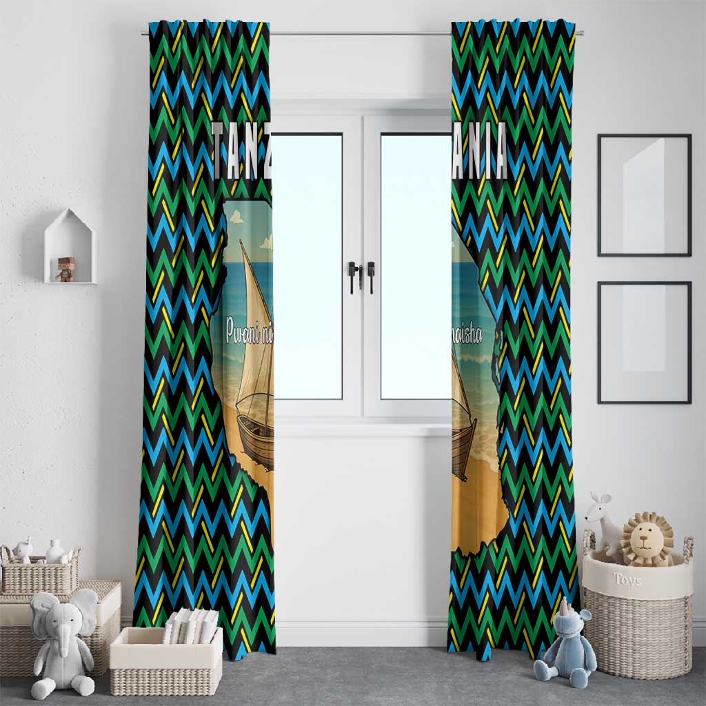 Tanzania Coastal Life Window Curtain - Swahili Dhow Boat and Tribal Pattern
