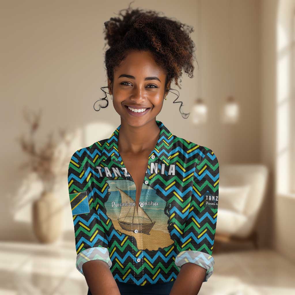 Tanzania Coastal Life Women Casual Shirt - Swahili Dhow Boat and Tribal Pattern