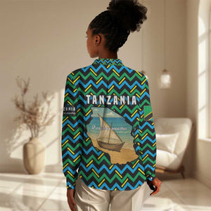 Tanzania Coastal Life Women Casual Shirt - Swahili Dhow Boat and Tribal Pattern