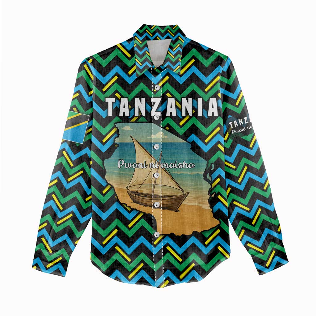 Tanzania Coastal Life Women Casual Shirt - Swahili Dhow Boat and Tribal Pattern