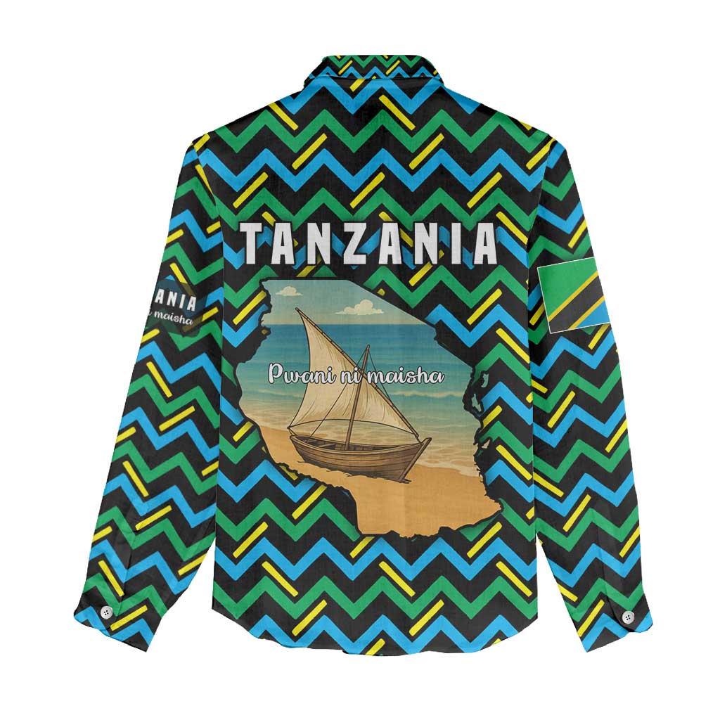 Tanzania Coastal Life Women Casual Shirt - Swahili Dhow Boat and Tribal Pattern