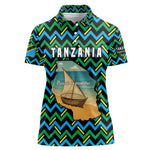 Tanzania Coastal Life Women Polo Shirt - Swahili Dhow Boat and Tribal Pattern