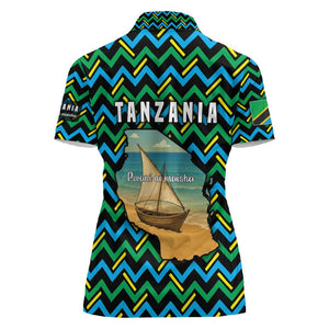 Tanzania Coastal Life Women Polo Shirt - Swahili Dhow Boat and Tribal Pattern