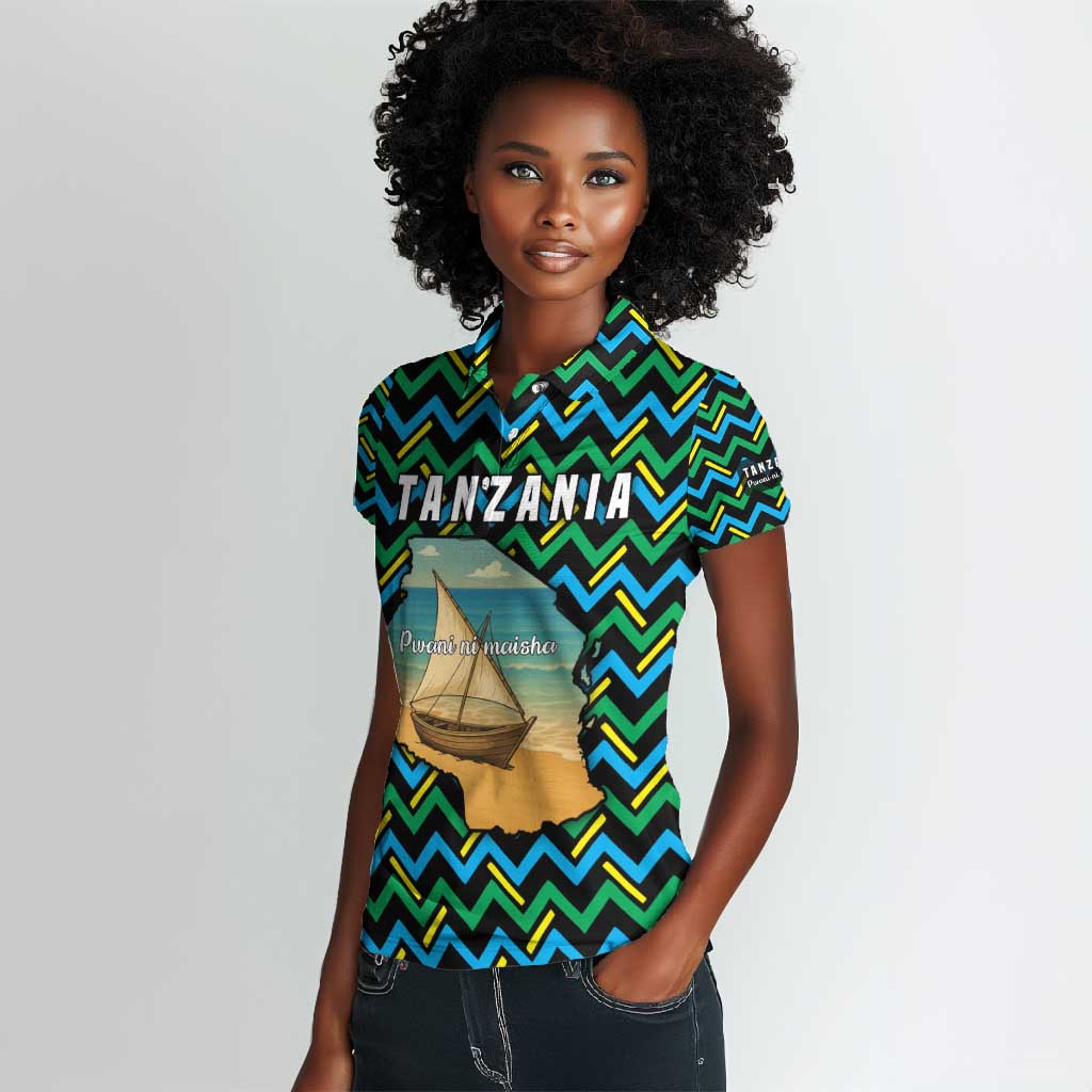 Tanzania Coastal Life Women Polo Shirt - Swahili Dhow Boat and Tribal Pattern