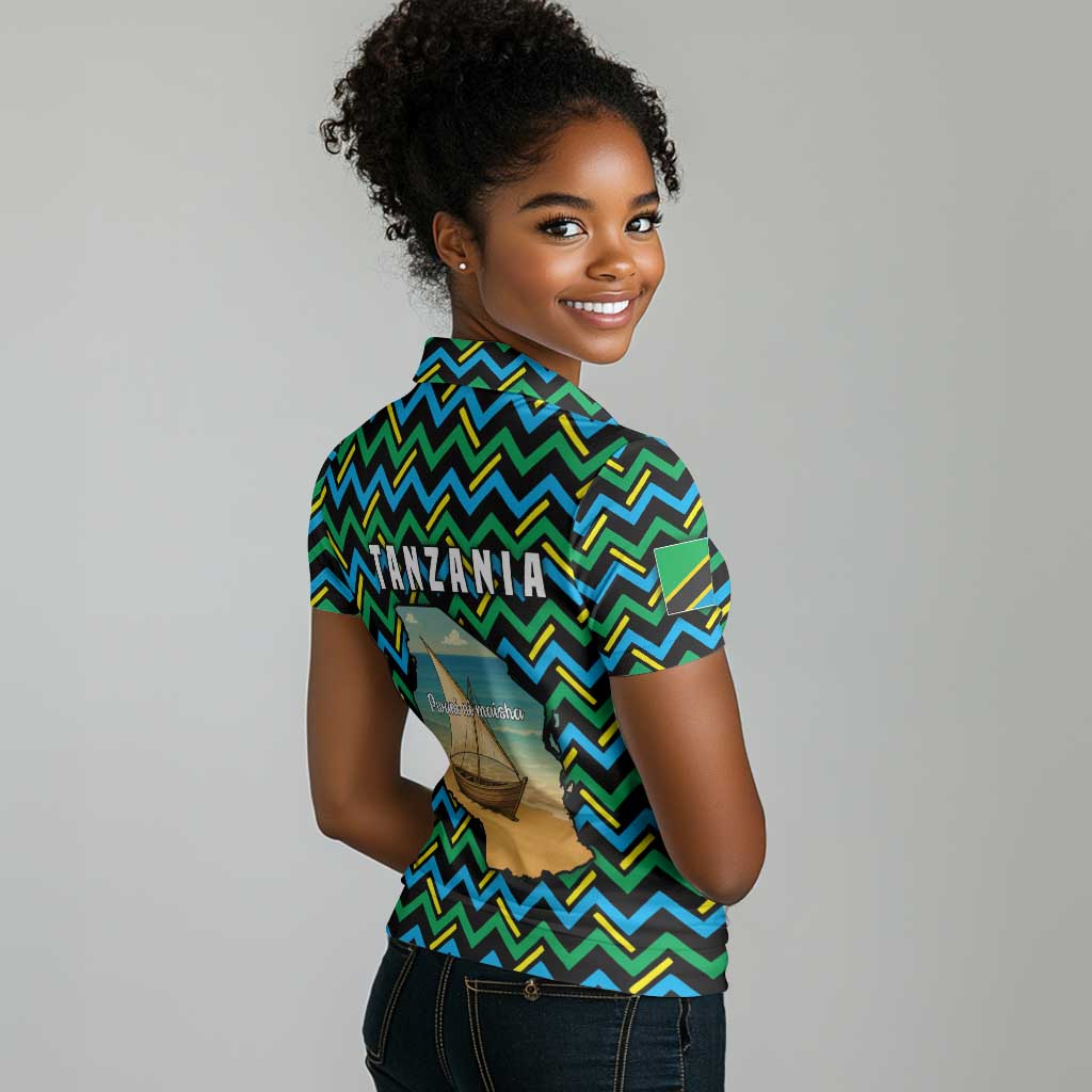 Tanzania Coastal Life Women Polo Shirt - Swahili Dhow Boat and Tribal Pattern