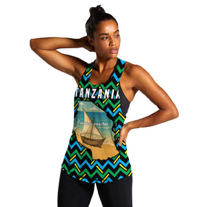 Tanzania Coastal Life Women Racerback Tank - Swahili Dhow Boat and Tribal Pattern