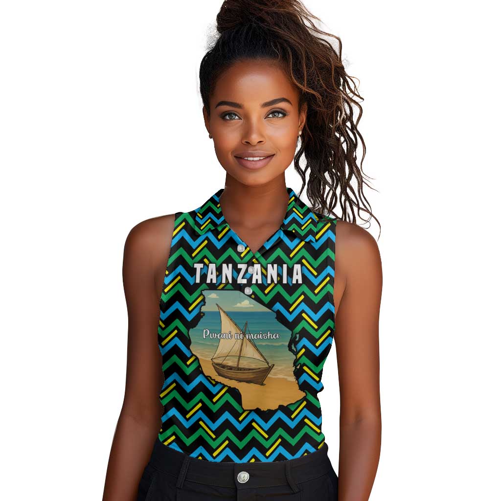 Tanzania Coastal Life Women Sleeveless Polo Shirt - Swahili Dhow Boat and Tribal Pattern