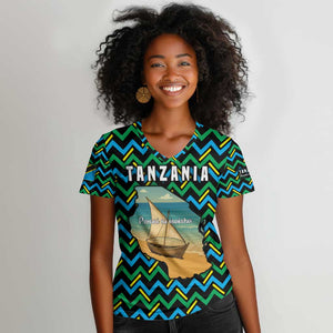 Tanzania Coastal Life Women V-Neck T-Shirt - Swahili Dhow Boat and Tribal Pattern