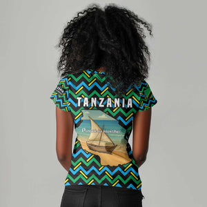 Tanzania Coastal Life Women V-Neck T-Shirt - Swahili Dhow Boat and Tribal Pattern