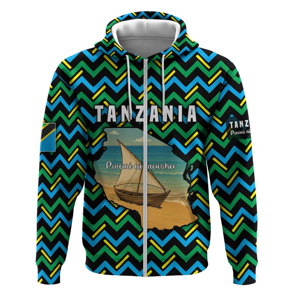 Tanzania Coastal Life Zip Hoodie - Swahili Dhow Boat and Tribal Pattern
