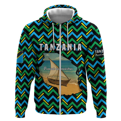 Tanzania Coastal Life Zip Hoodie - Swahili Dhow Boat and Tribal Pattern