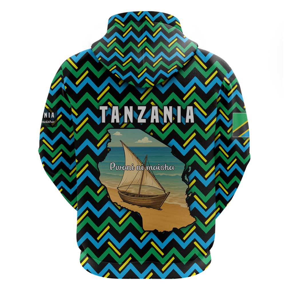 Tanzania Coastal Life Zip Hoodie - Swahili Dhow Boat and Tribal Pattern