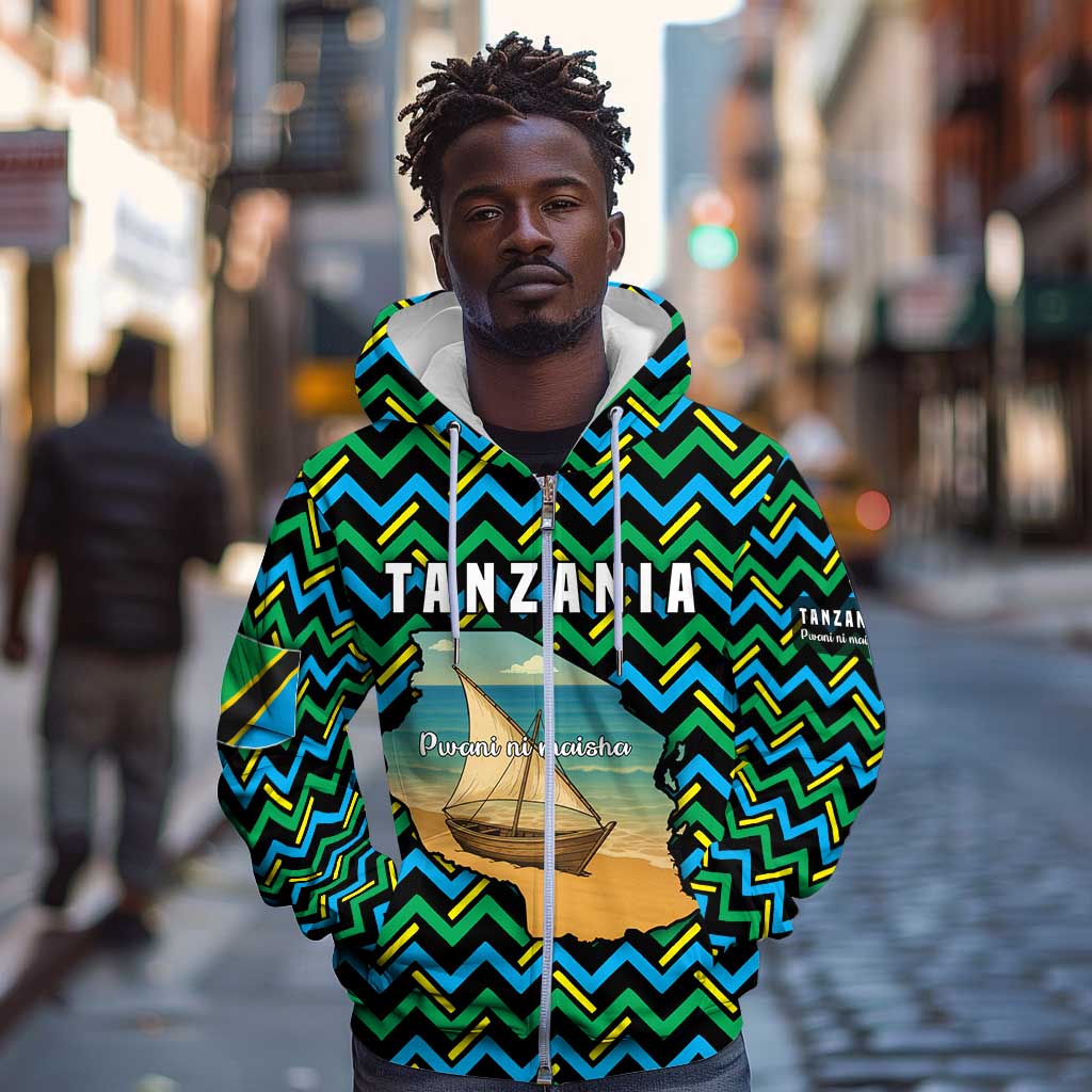 Tanzania Coastal Life Zip Hoodie - Swahili Dhow Boat and Tribal Pattern