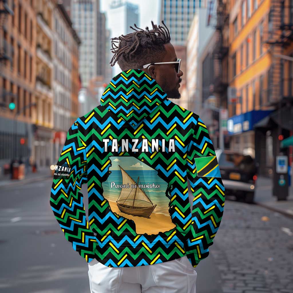 Tanzania Coastal Life Zip Hoodie - Swahili Dhow Boat and Tribal Pattern