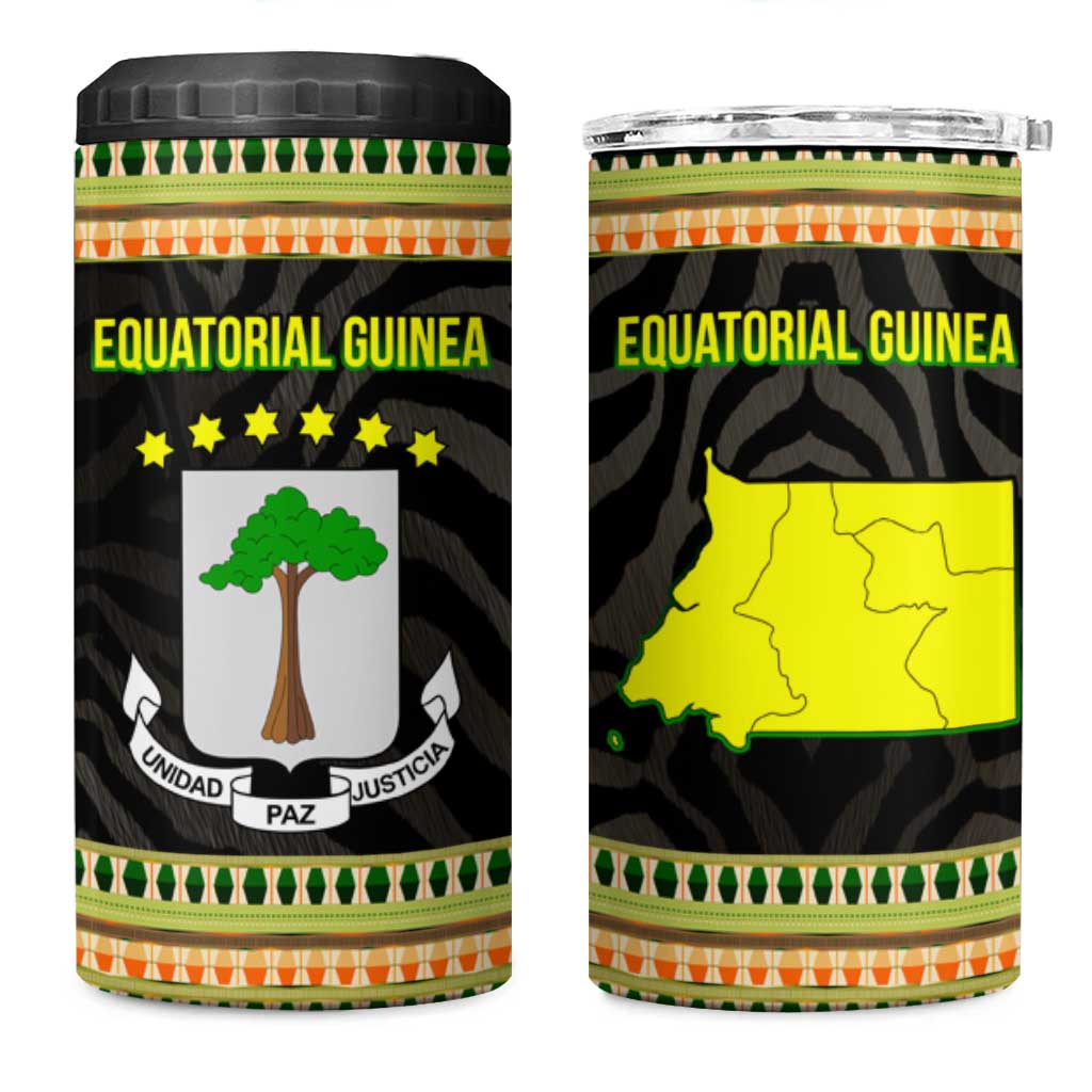 Equatorial Guinea Heritage 4 in 1 Can Cooler Tumbler - National Emblem and Tribal Zebra Print