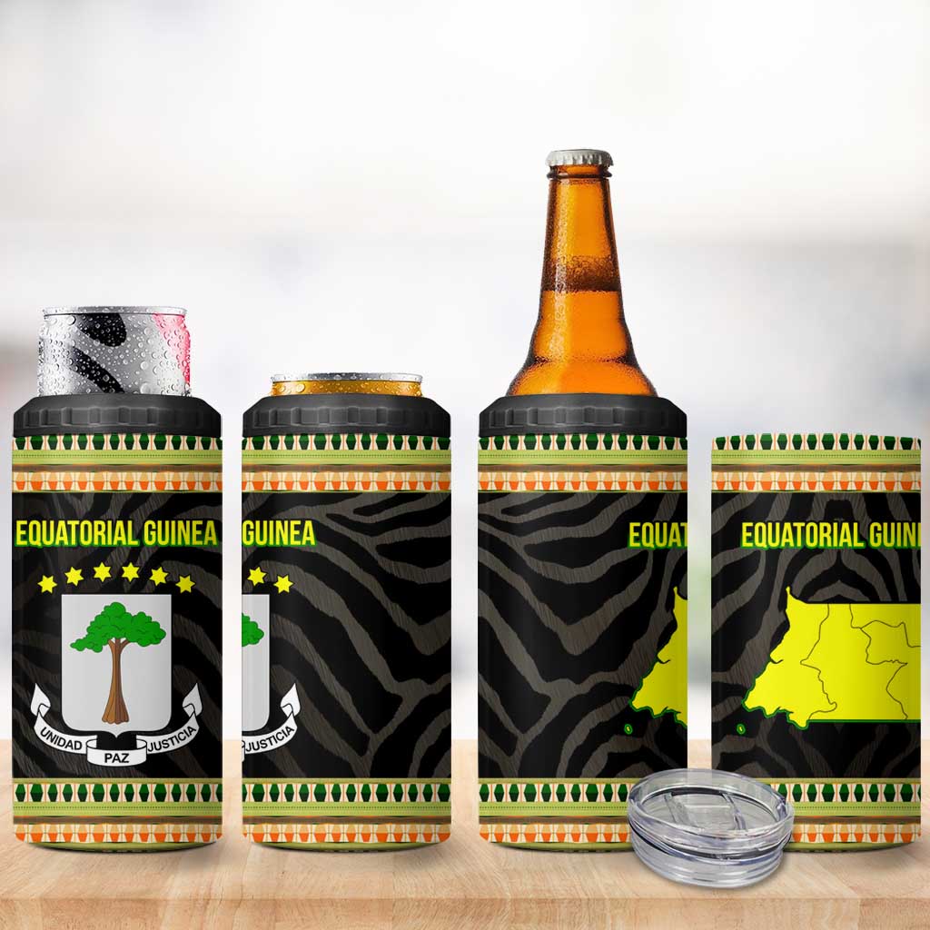 Equatorial Guinea Heritage 4 in 1 Can Cooler Tumbler - National Emblem and Tribal Zebra Print