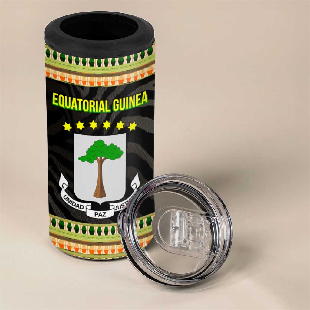 Equatorial Guinea Heritage 4 in 1 Can Cooler Tumbler - National Emblem and Tribal Zebra Print