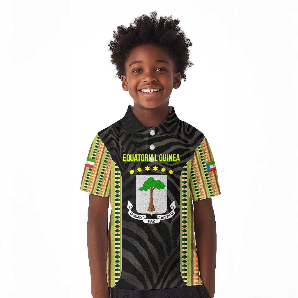 Equatorial Guinea Heritage Kid Polo Shirt - National Emblem and Tribal Zebra Print