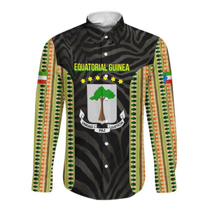 Equatorial Guinea Heritage Long Sleeve Button Shirt - National Emblem and Tribal Zebra Print