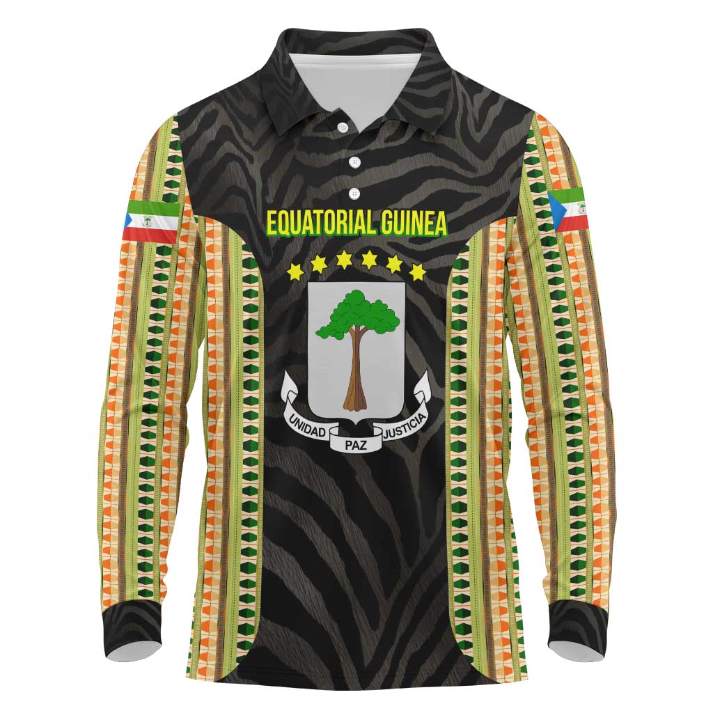 Equatorial Guinea Heritage Long Sleeve Polo Shirt - National Emblem and Tribal Zebra Print