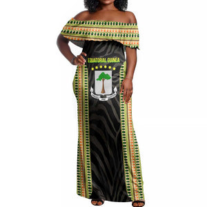 Equatorial Guinea Heritage Off Shoulder Maxi Dress - National Emblem and Tribal Zebra Print