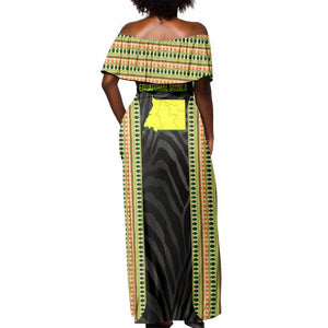 Equatorial Guinea Heritage Off Shoulder Maxi Dress - National Emblem and Tribal Zebra Print