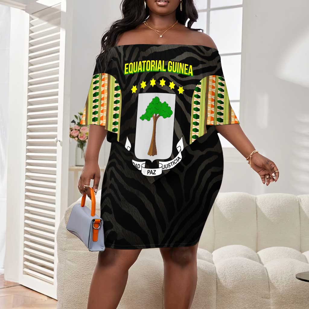 Equatorial Guinea Heritage Off Shoulder Short Dress - National Emblem and Tribal Zebra Print