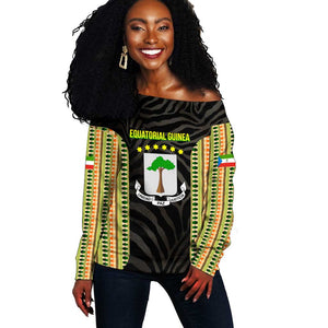 Equatorial Guinea Heritage Off Shoulder Sweater - National Emblem and Tribal Zebra Print