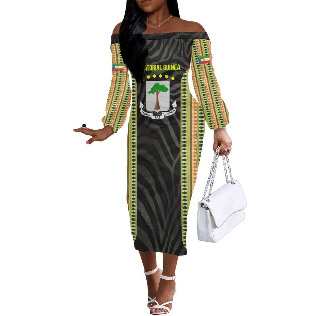 Equatorial Guinea Heritage Off The Shoulder Long Sleeve Dress - National Emblem and Tribal Zebra Print