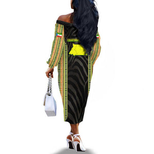 Equatorial Guinea Heritage Off The Shoulder Long Sleeve Dress - National Emblem and Tribal Zebra Print