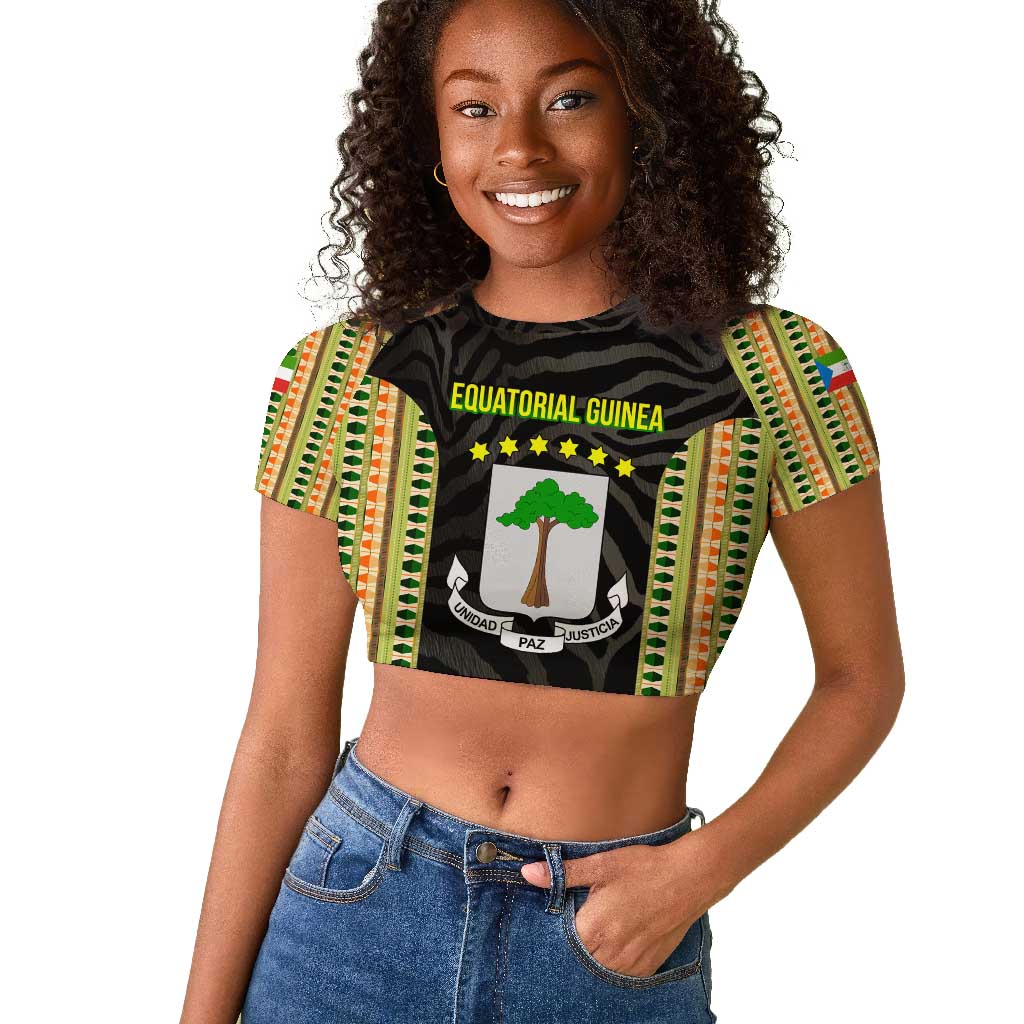 Equatorial Guinea Heritage Raglan Cropped T shirt - National Emblem and Tribal Zebra Print