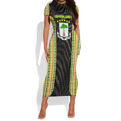 Equatorial Guinea Heritage Short Sleeve Bodycon Dress - National Emblem and Tribal Zebra Print