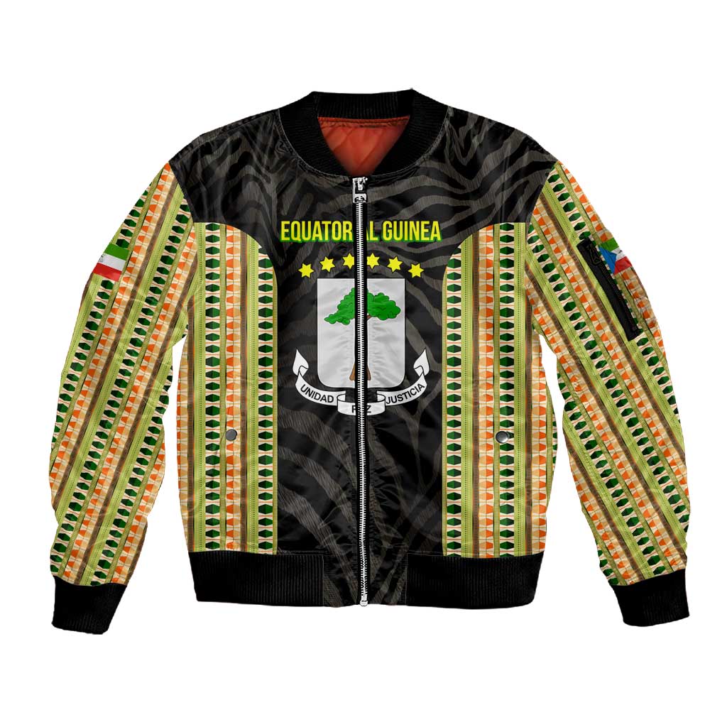 Equatorial Guinea Heritage Sleeve Zip Bomber Jacket - National Emblem and Tribal Zebra Print