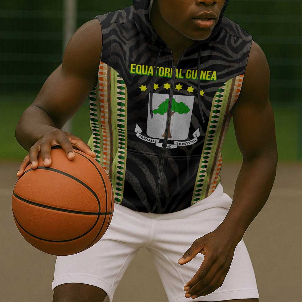 Equatorial Guinea Heritage Sleeveless Zip Hoodie - National Emblem and Tribal Zebra Print - African Pride