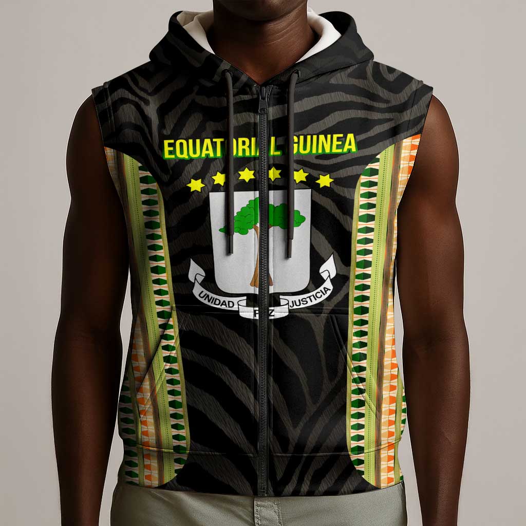 Equatorial Guinea Heritage Sleeveless Zip Hoodie - National Emblem and Tribal Zebra Print - African Pride