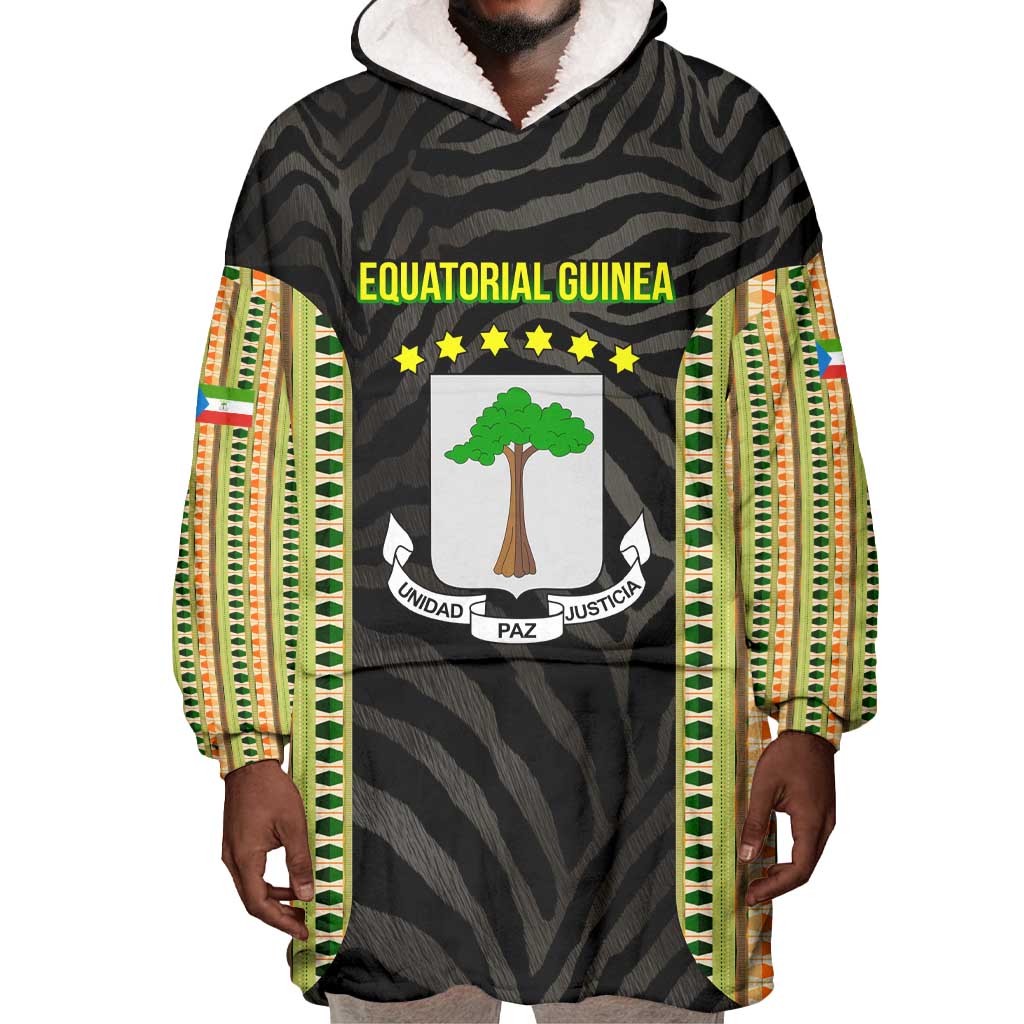 Equatorial Guinea Heritage Wearable Blanket Hoodie - National Emblem and Tribal Zebra Print
