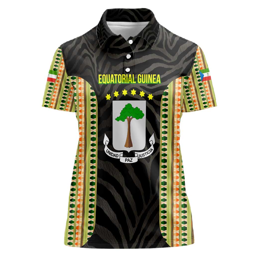 Equatorial Guinea Heritage Women Polo Shirt - National Emblem and Tribal Zebra Print