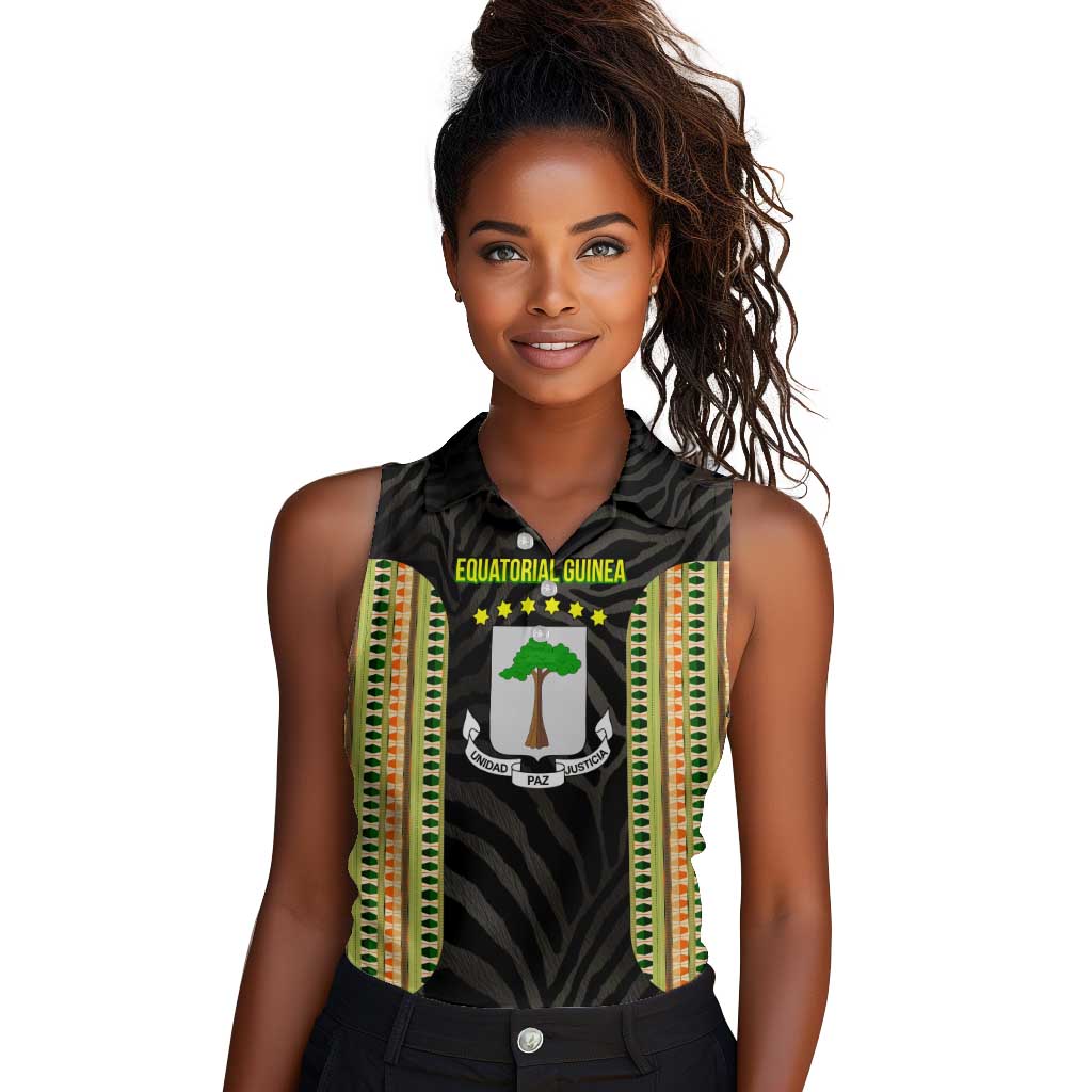 Equatorial Guinea Heritage Women Sleeveless Polo Shirt - National Emblem and Tribal Zebra Print