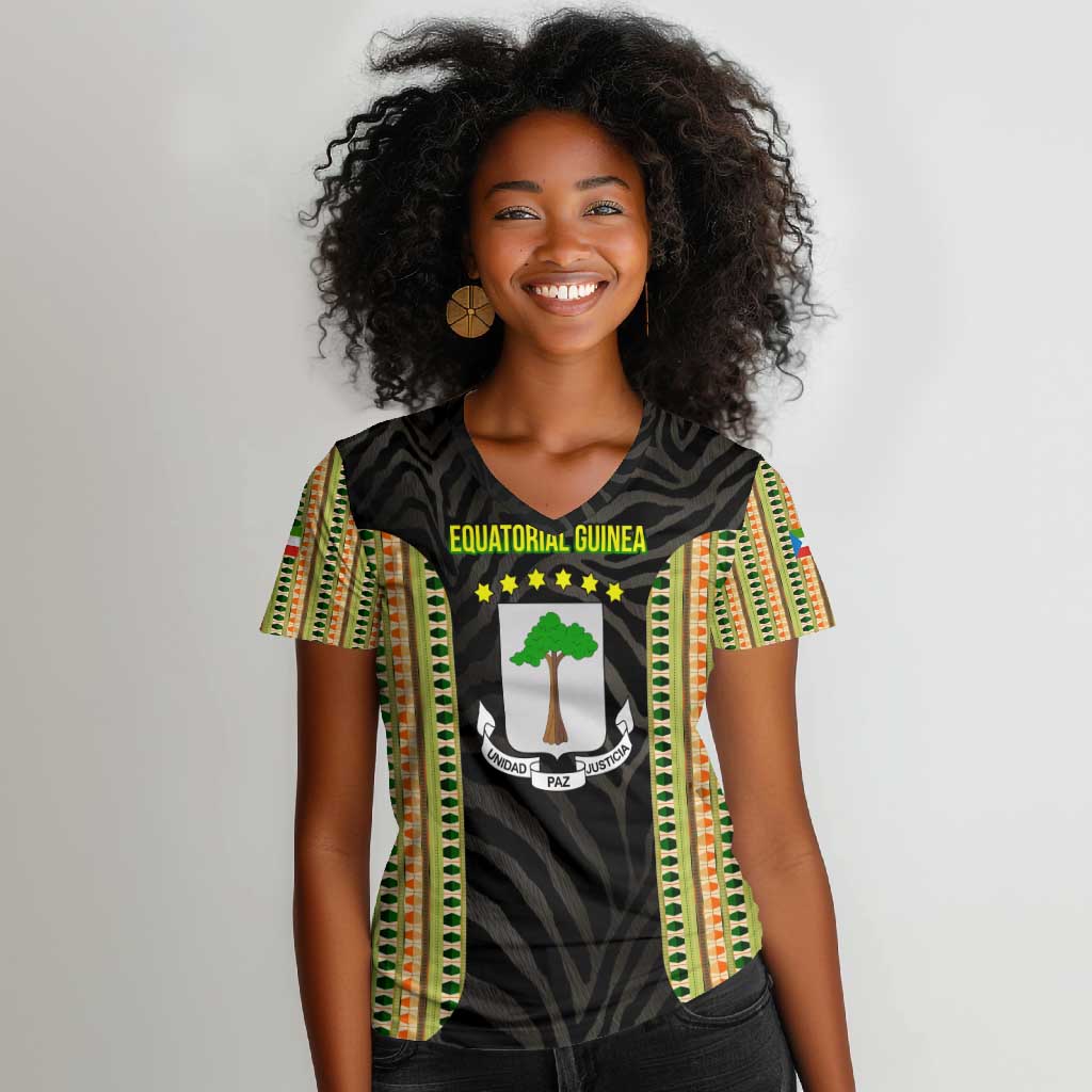 Equatorial Guinea Heritage Women V-Neck T-Shirt - National Emblem and Tribal Zebra Print